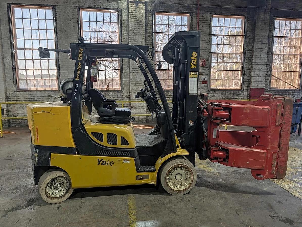 Used 12,000 POUND YALE GC120VXPRS FORKLIFT WITH 72" SPLIT FRAME BOLZONI CLAMP 2 STAGE