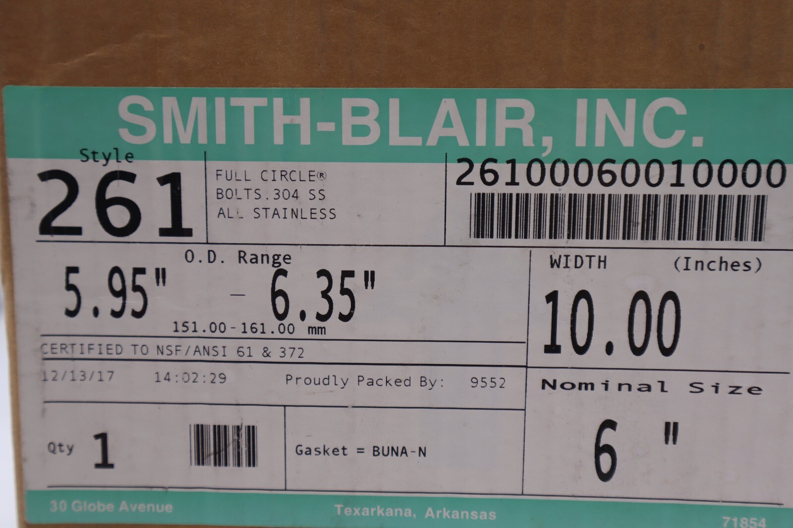 Smith-Blair Inc. Style 261 Single Band Full Circle Stainless Steel 6" #3108