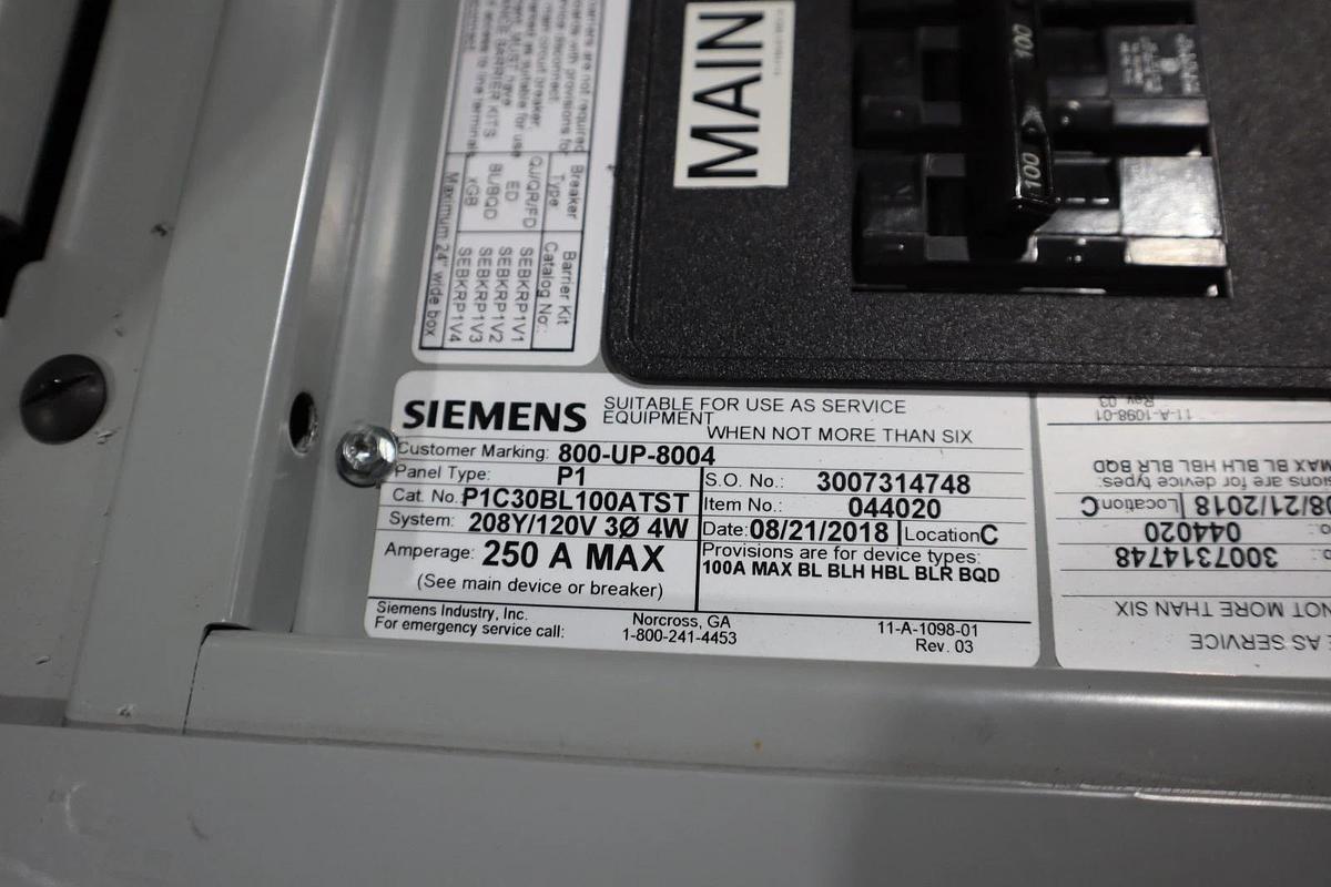 Used SIEMENS P1 250A 208Y/120V P1C30BL100ATST MAIN BEAKER STOCK HS41