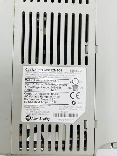 Used Allen Bradley Powerflex 40 22B-D012N104 Series A 7.5 HP MFG. 2012 STOCK 2268