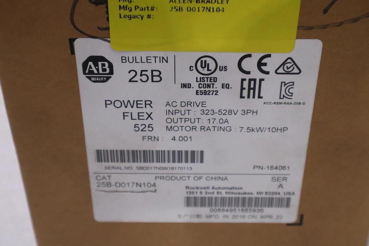 Used Allen Bradley Powerflex 525 25B-D017N104 AC Drive -NEW IN BOX - STOCK 5058CC
