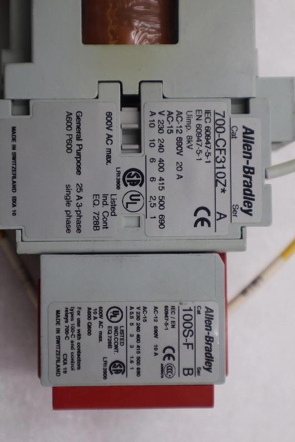 Used ALLEN BRADLEY 700-CF310Z* SER. A RELAY COIL WITH AB 100S-F SER. B STOCK L-163-A
