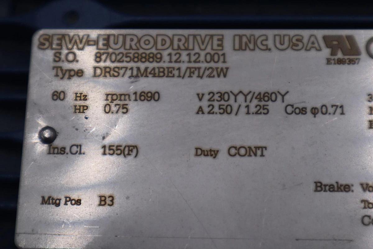 Used Sew Eurodrive DRS71M4BE1/FI/2W 60 Hz RPM 1690 Gearmotor STOCK M-144