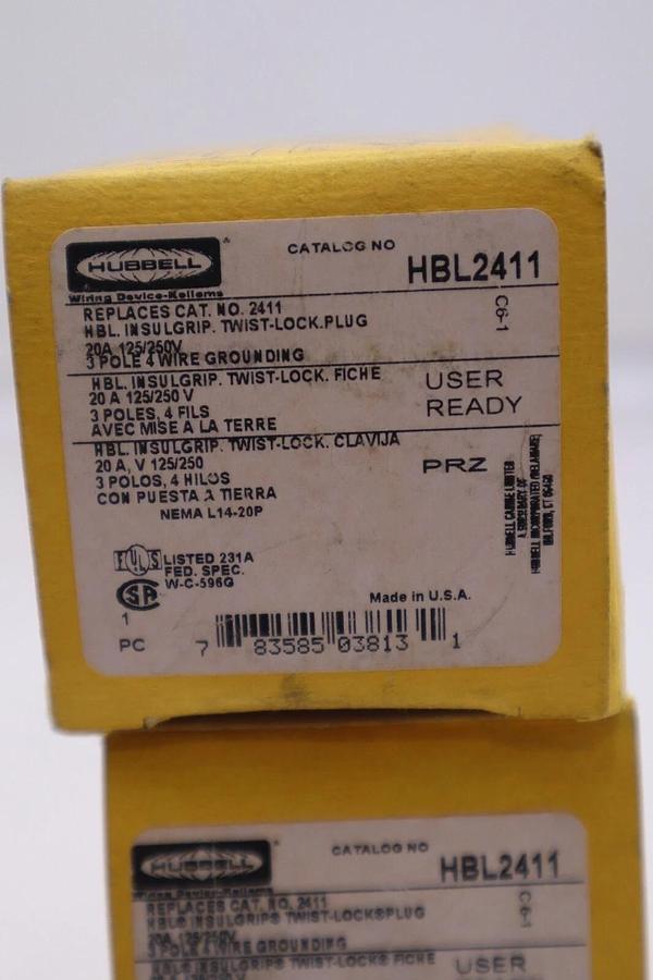 Hubbell HBL2411 3 Pole Wire Grounding 20A 125/250 V Twist Lock Plug #K-2206