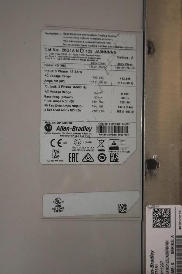 Used ALLEN BRADLEY 20G1AND125JA0NNNNN PowerFlex 755 AC Drive 100 HP - STOCK CC105