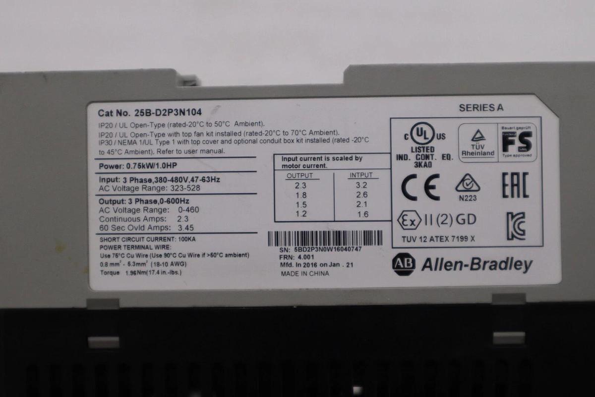 Used USED ALLEN BRADLEY 25B-D2P3N104 POWERFLEX 525 SER. A 1.0HP 25BD2P3N104 #H1244