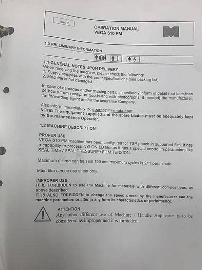 Used 48" WIDE (1200MM) MAMATA VEGA 610 POUCH MACHINE MANUFACTURED 2008