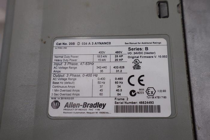 Used REFURB Allen Bradley PowerFlex 700 20BD034A3AYNANC0 MFG 2016 AC Drive STOCK 2446