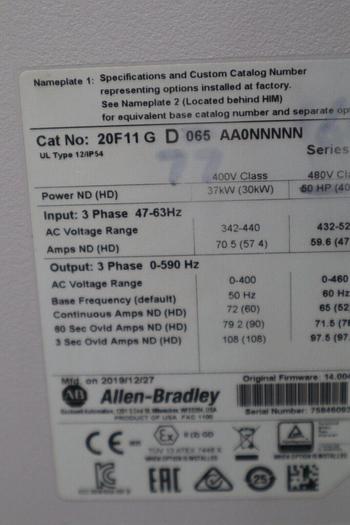 New Allen Bradley PowerFlex 755 VFD 20F11GD065AA0NNNNN AC Drive 50HP STOCK 4493