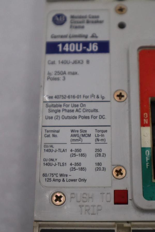 Used Allen Bradley 140U-J6X3 100A 3P 600V AC 250V DC Circuit Breaker STOCK H1863