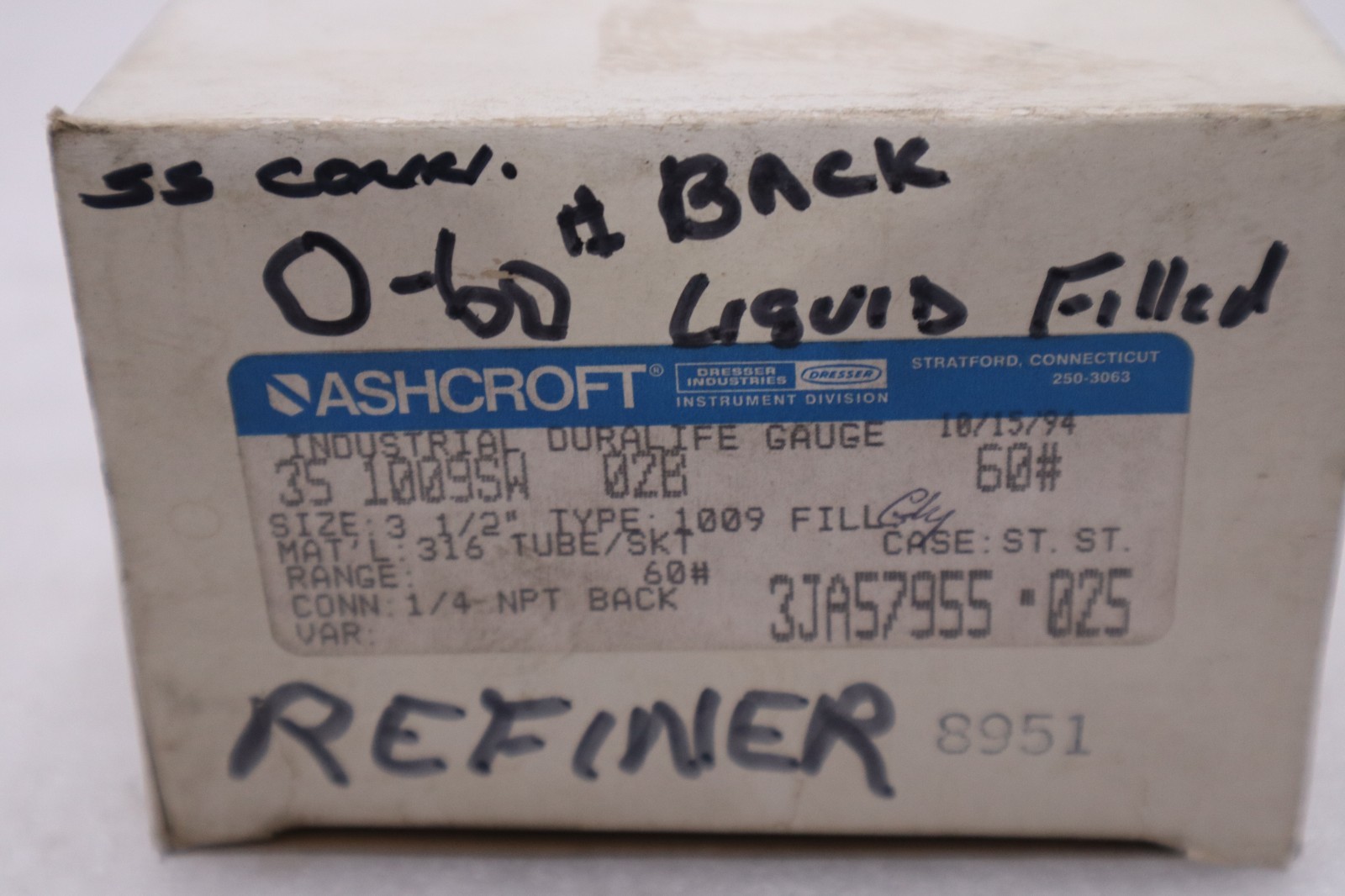 ASHCROFT 35-1009-SW-02B-60# 0-100PSI 3-1/2" - STOCK GF1011A