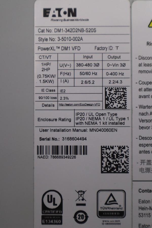 Used EATON DM1-342D2NB-S20S VFD 480V 1HP POWERXL STOCK 2893A