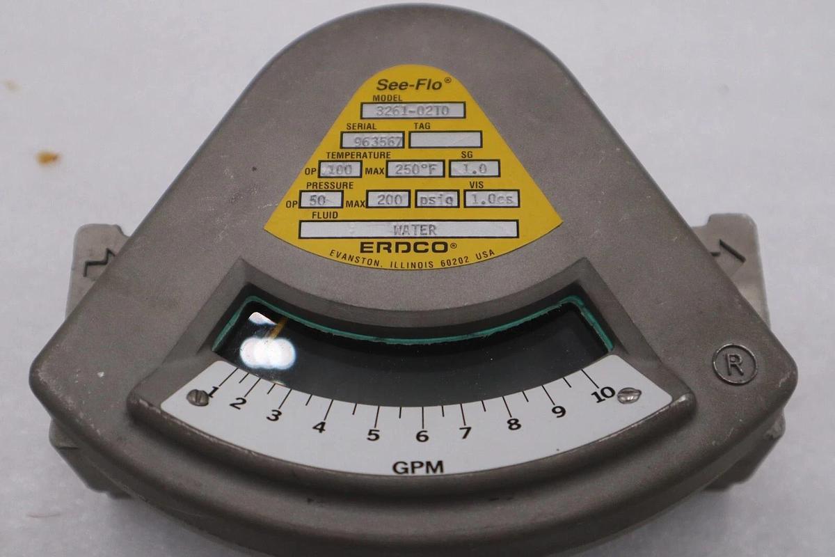 NEW OPEN BOX ERDCO 3261-02T0 SEE-FLO FLOW METER 200 PSIG MAX STOCK G585A