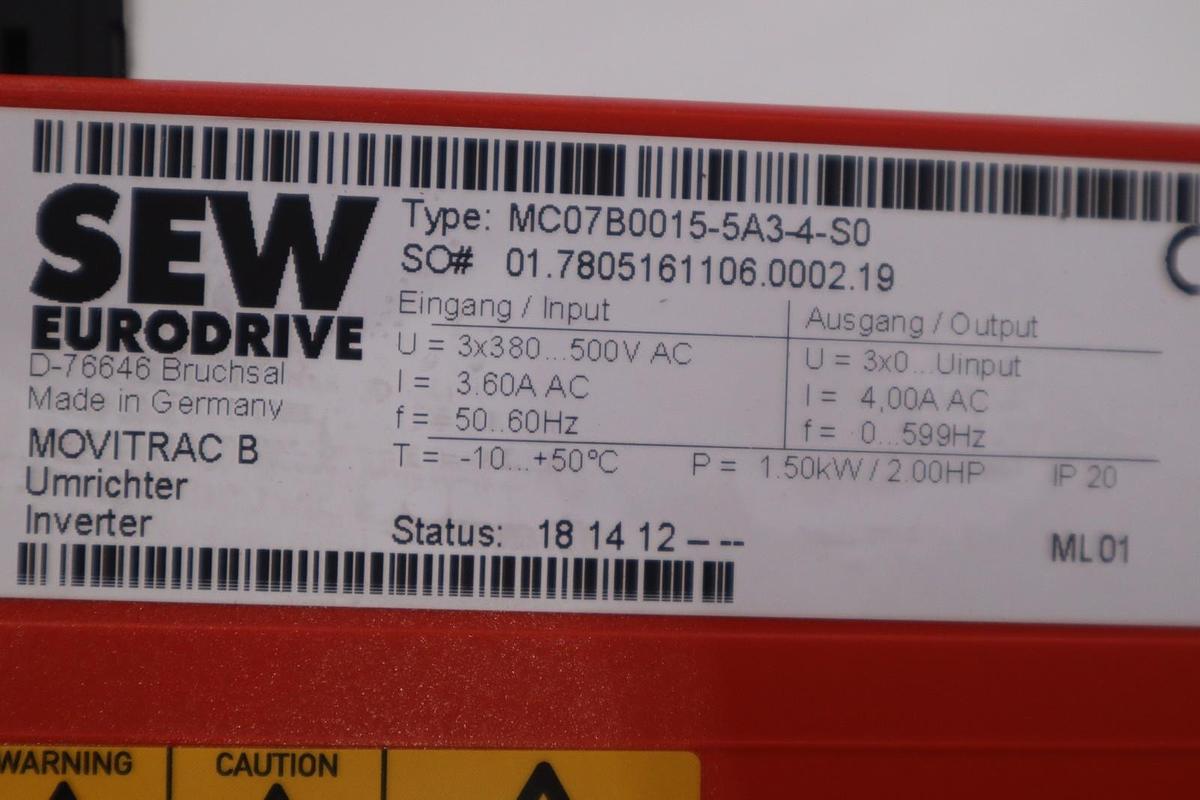Used SEW Eurodrive MC07B0015-5A3-4-S0 MOVITRAC B STOCK H-788C
