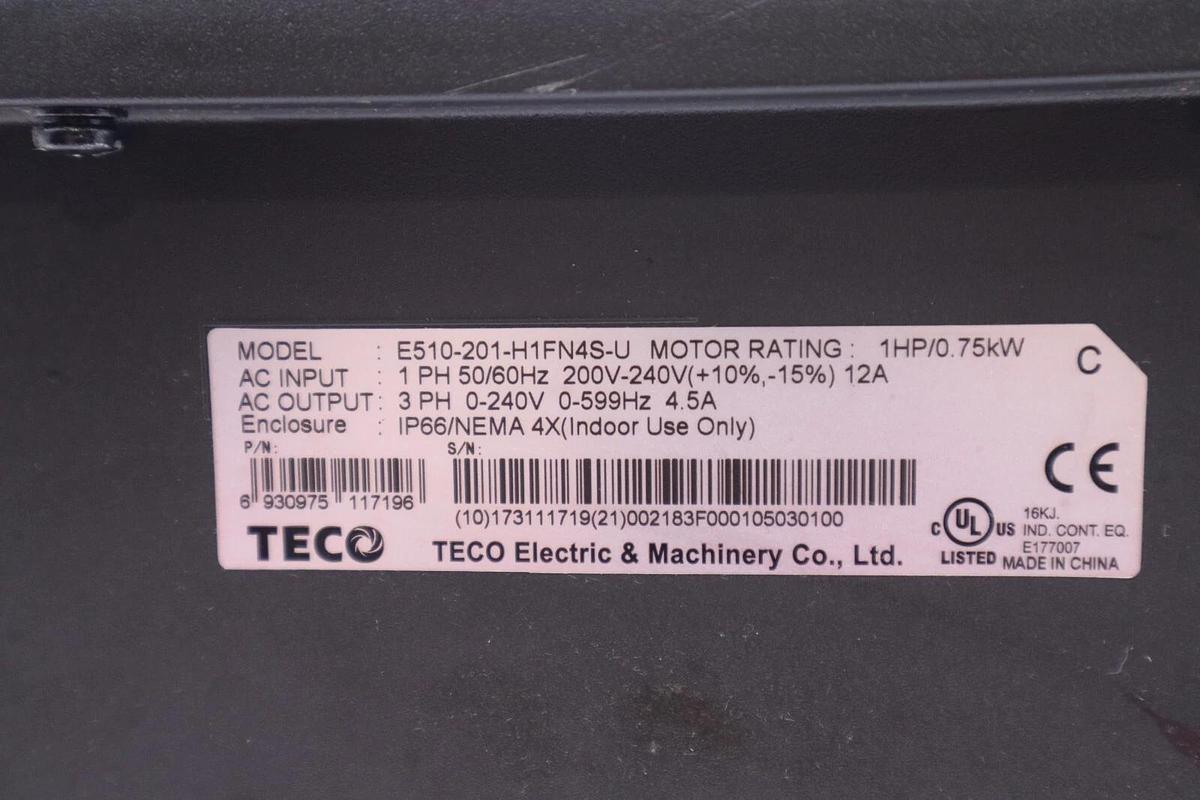 Used TECO-WESTINGHOUSE E510-201-H1FN4S-U FREQUENCY INVERTER STOCK #2792