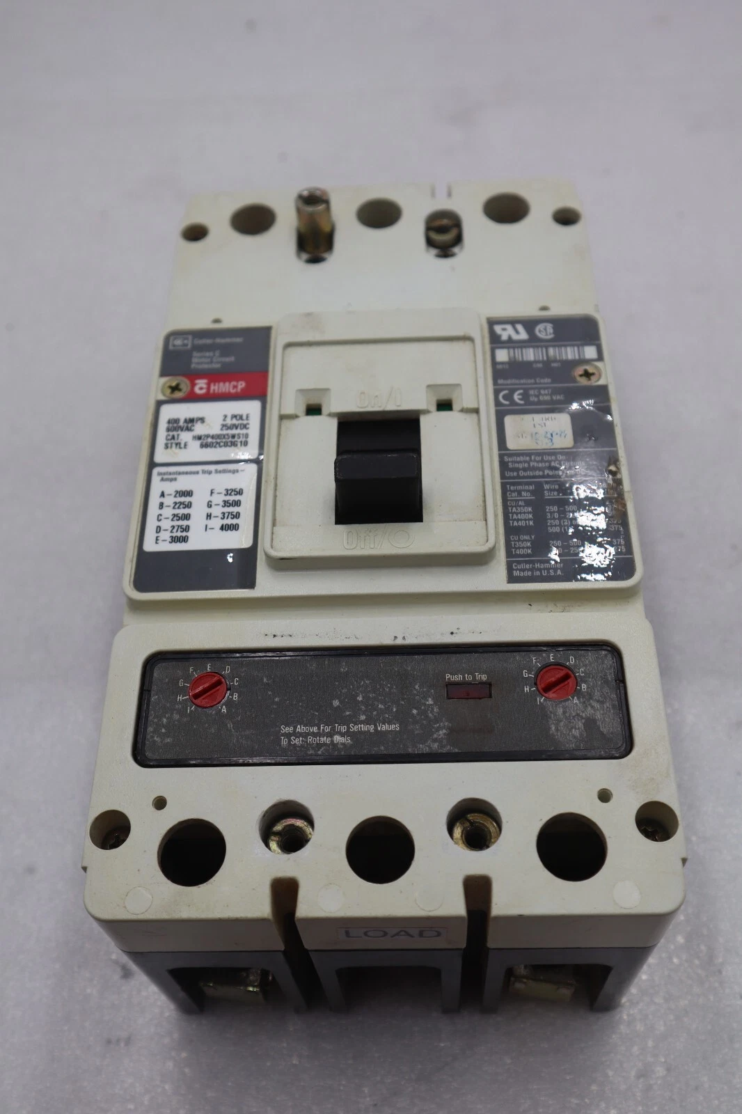 Used CUTLER-HAMMER HM2P400X5WS10 MOTOR CIRCUIT PROTECTOR SERIES C 600VAC STOCK #3225