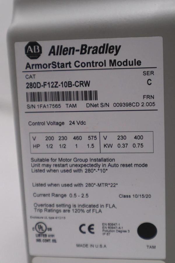ALLEN BRADLEY 280D-F12Z-10B-CRW STARTER DEVICENET IP67/NEMA 4 STOCK 4726