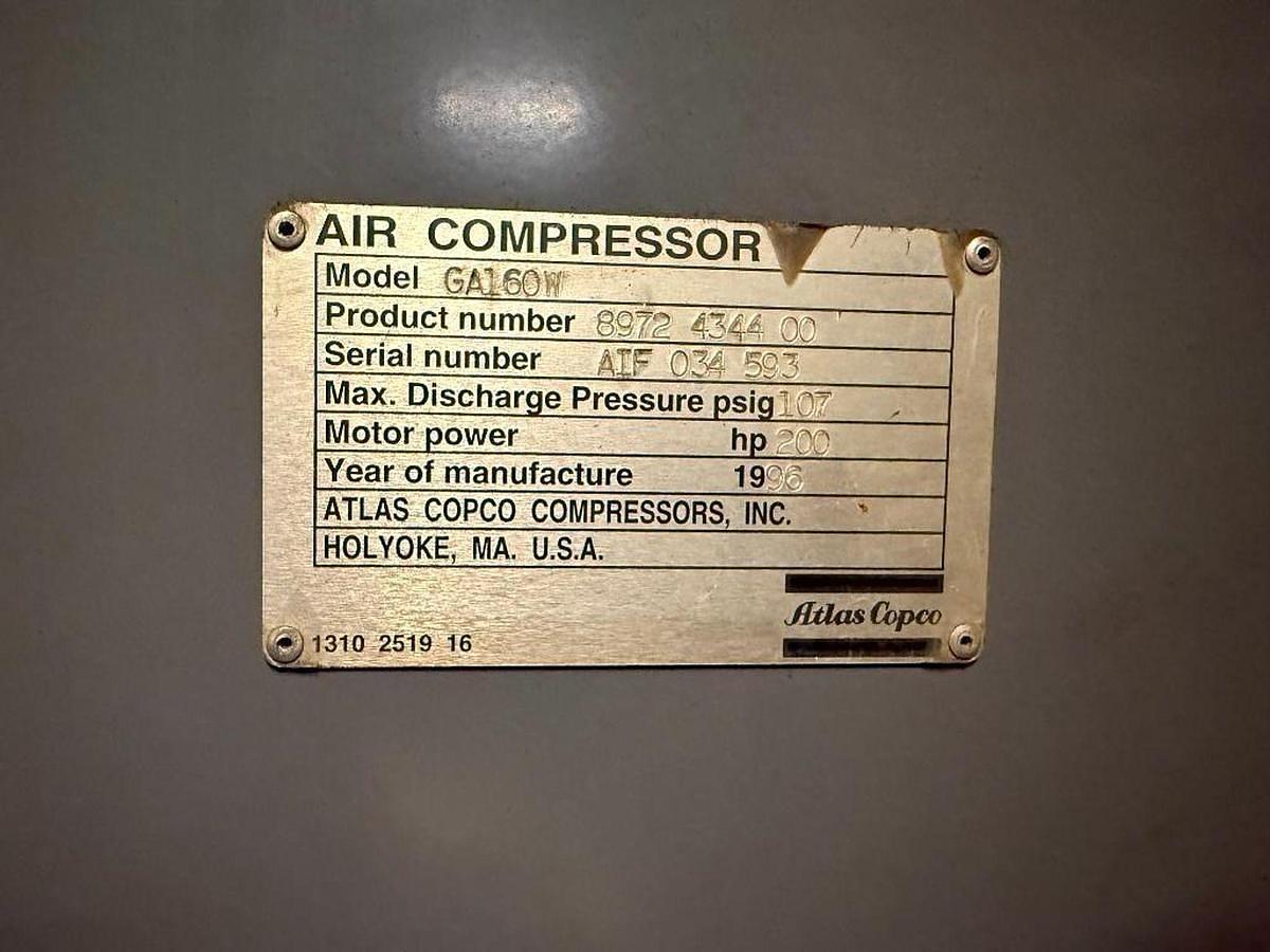 Used 200 HP ATLAS COPCO GA160W AIR COMPRESSOR WITH ALLEN BRADLEY VFD 600V