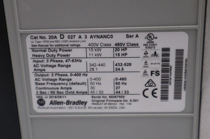 ALLEN BRADLEY 20AD027A3AYNANC0 AC DRIVE SER. A F/W 5.001 * NEW NO BOX * STK 2153