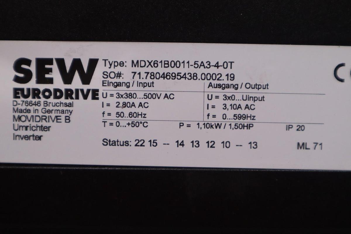 Used Sew-Eurodrive Movidrive B Series MDX61B0011-5A3-4-0T Variable Frequency Drive