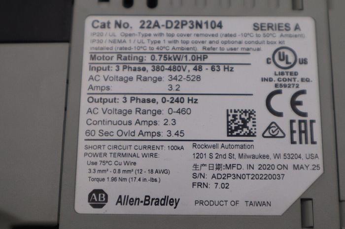 Used Allen Bradley 22A-D2P3N104 /A PowerFlex 4 AC Drive 1HP 3Ph 480V STOCK 5768