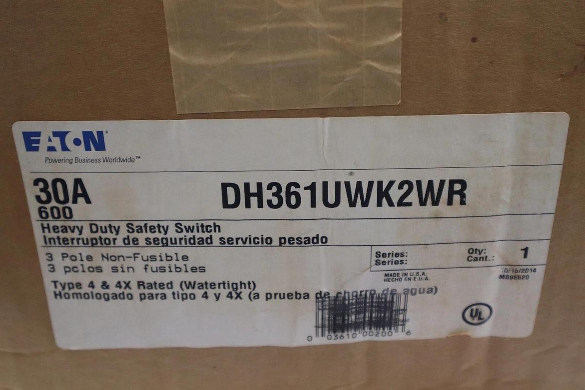 NEW Eaton DH361UWK2WR Nema 600V 30A 3 ph Safety Switch Stainless STOCK W-72
