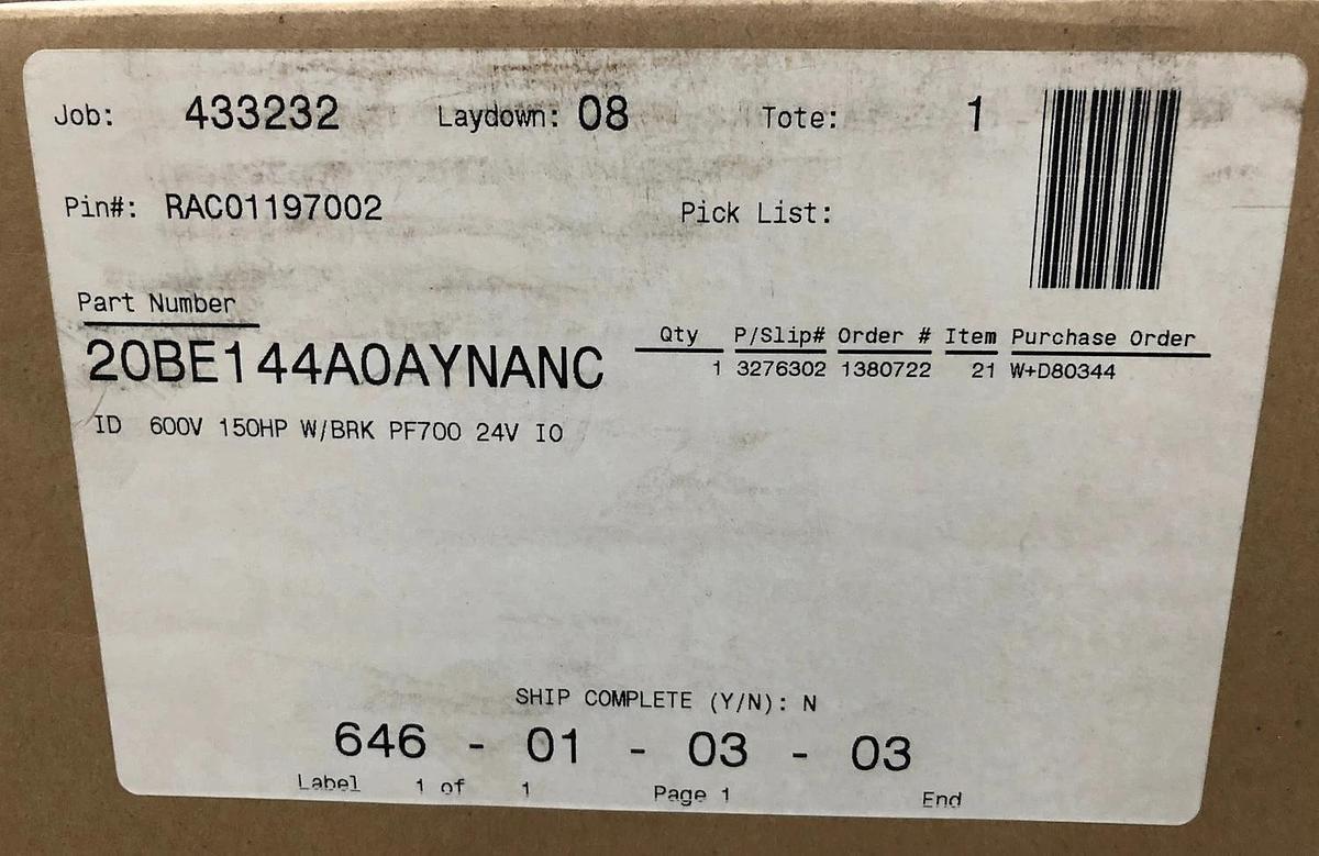 NEW ALLEN BRADLEY AB PowerFlex 700 20BE144A0AYNANC0 150HP 600V WITH BRAKE #S-391