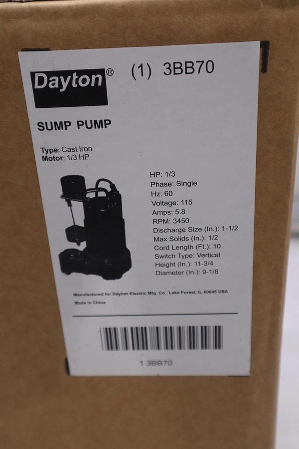 Used DAYTON 3BB70 HP 1/3 Sump Pump Vertical Float - STOCK GF232