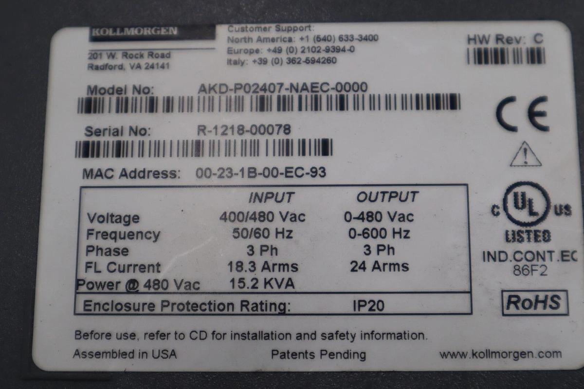 Used KOLLMORGEN AKD-P02407-NAEC-0000 AC Servo Drive Rev C STOCK 522-B
