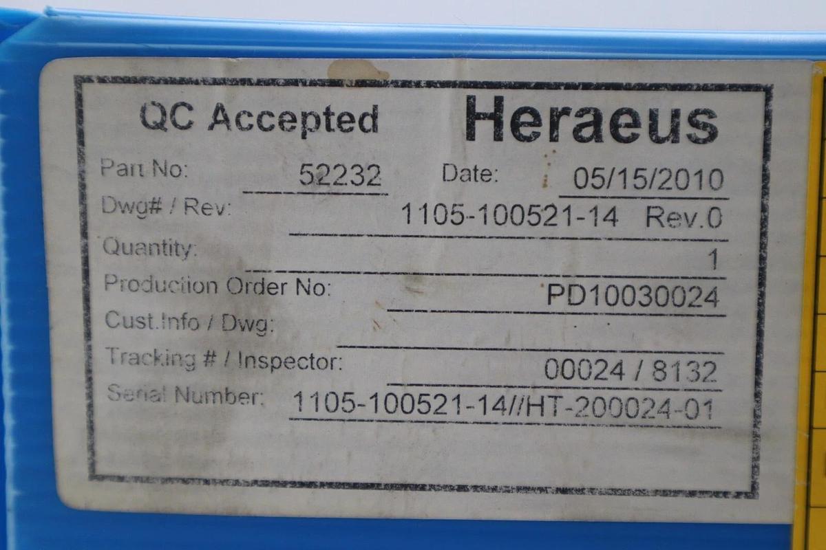 Heraeus Pedestal Fin Quartz 52232 1105-100521-14 Rev.0 New Open Box #2675