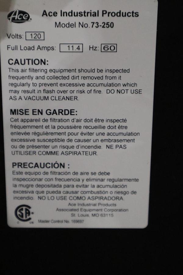 Used ACE INDUSTRIAL PRODUCTS 73-200 AIR FILTER 120 V NEW IN BOX STOCK H797