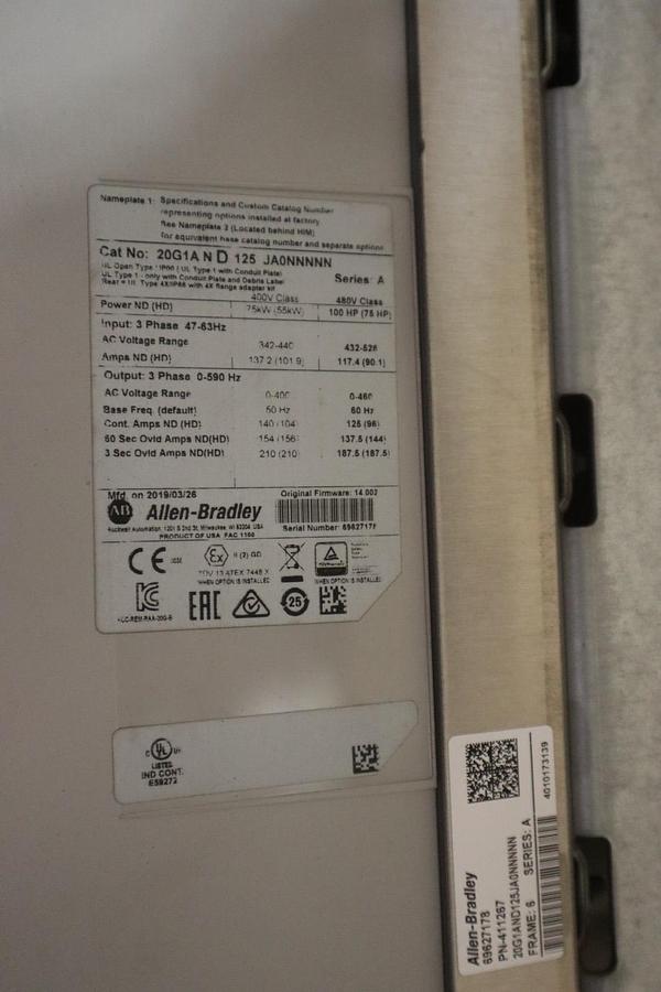 Used ALLEN BRADLEY 20G1AND125JA0NNNNN PowerFlex 755 AC Drive 100 HP - STOCK CC102