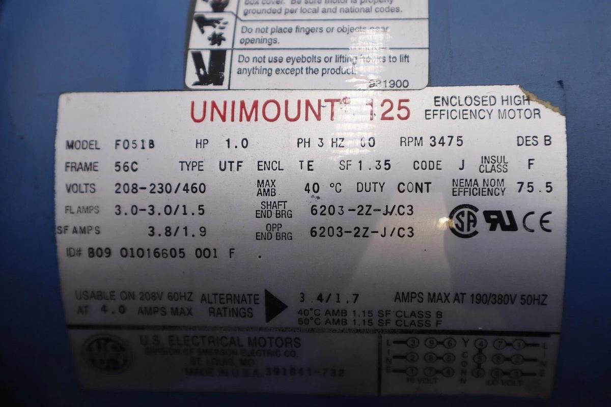 Used NEW OPEN BOX Unimount 125 F051B Motor 208-230/460 V 3475 RPM 56C STOCK 1544-C