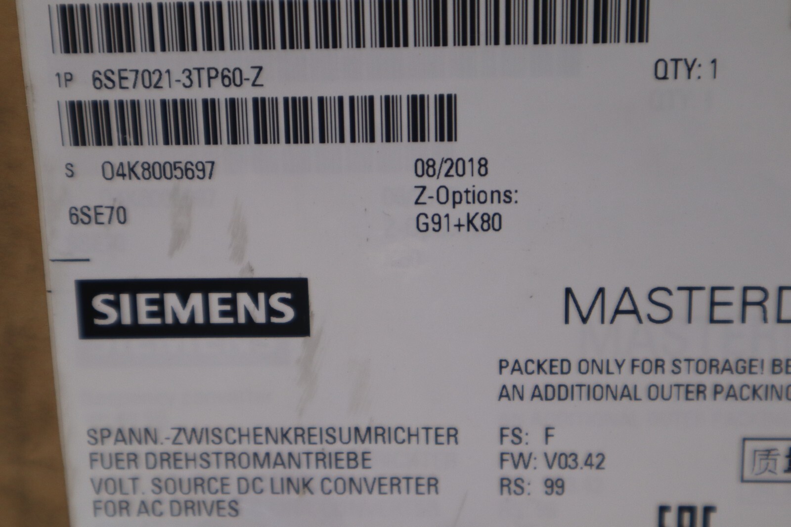 Used NEW SIEMENS 6SE7021-3TP60-Z AC DRIVE SIMOVERT MASTERDRIVE VECTOR CONTROL #5137