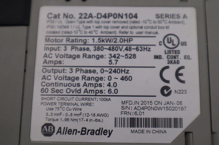 Used ALLEN BRADLEY 22A-D4P0N104 POWERFLEX 4 1.5kW/2.0HP SER A STOCK 5754
