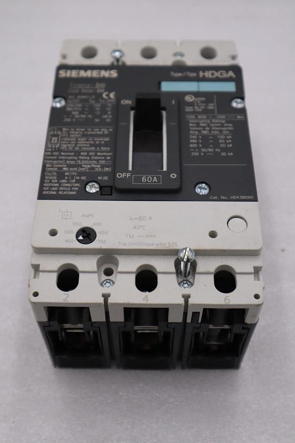 Used SIEMENS HDX3B060 60 AMP 600V 3 PHASE HDGA TYPE CIRCUIT BREAKER STK H1431