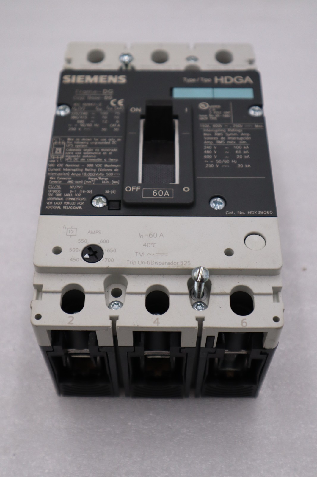 Used SIEMENS HDX3B060 60 AMP 600V 3 PHASE HDGA TYPE CIRCUIT BREAKER STK H1431