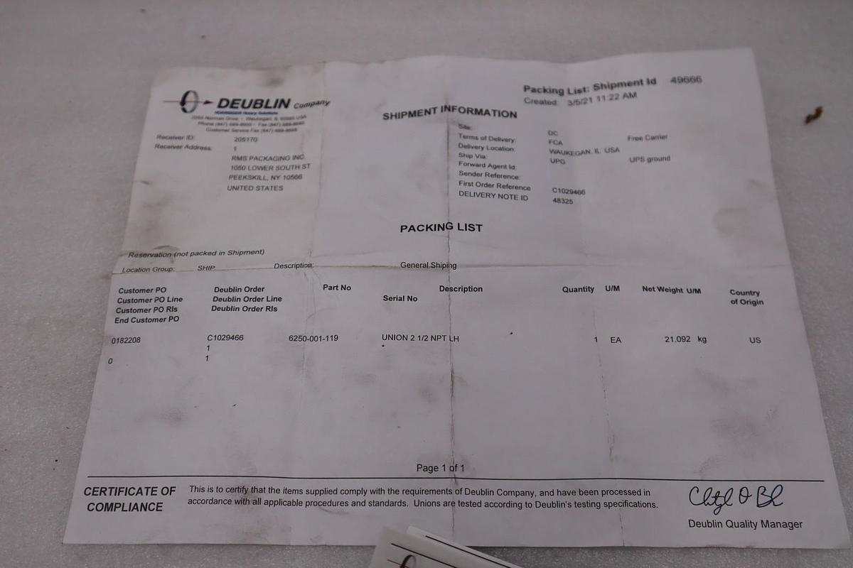 Deublin 6250-001-119 Union 2-1/2" NPT LH Female Rotor NEW IN BOX STOCK HP-186