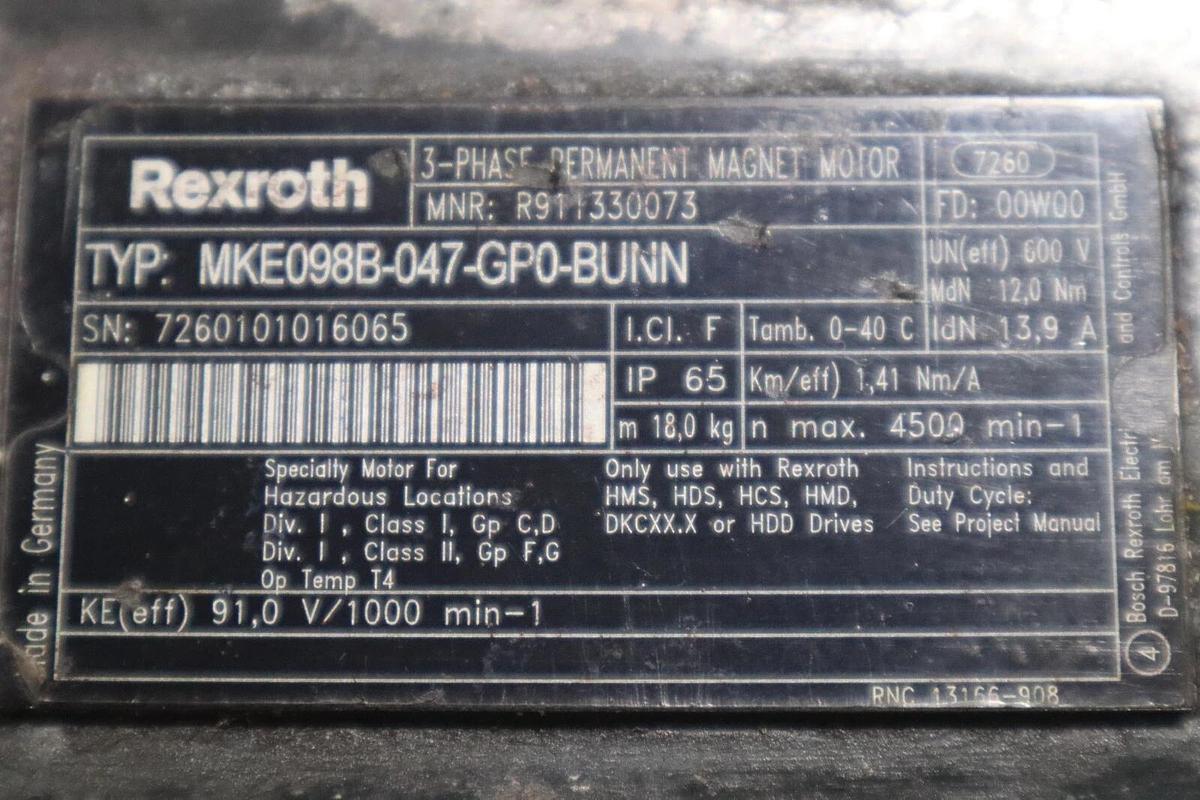 Used REXROTH MKE098B-047-GP0-BUNN / R911330073 HAZARDOUS LOCATION SERVO MOTOR #S-668