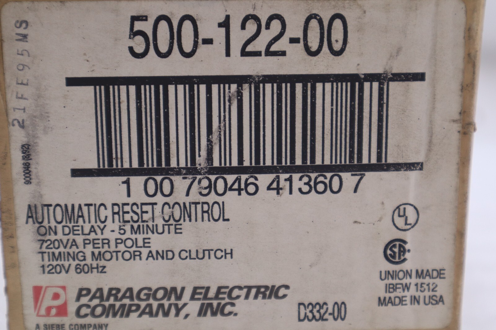 Used NEW PARAGON TIMING MOTOR AND CLUTCH TIME CONTROL 500-122-00 120V 60HZ STK K-3651