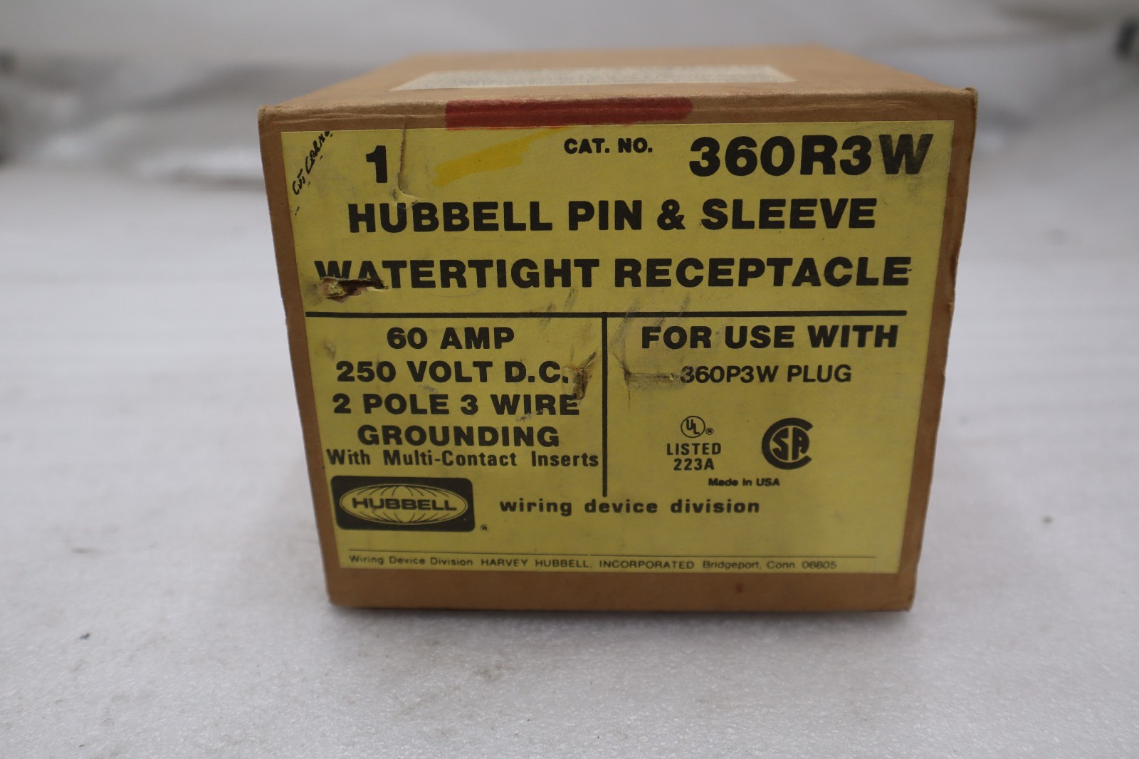 HUBBELL 360R3W PIN & SLEEVE RECEPTACLE 60A 250VDC - STOCK 2710A