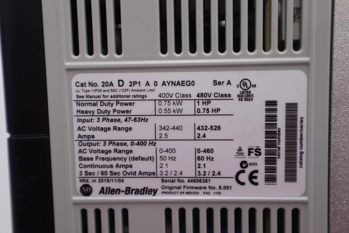 Used ALLEN BRADLEY 20AD2P1A0AYNAEG0 POWERFLEX 70 ADJUSTABLE FREQUENCY AC DRIVE #2948