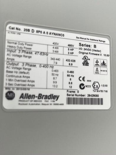 Used 20BD8P0A0AYNANC0 SER B Allen Bradley 8A 460V 5HP Powerflex 700 Drive STOCK 3871
