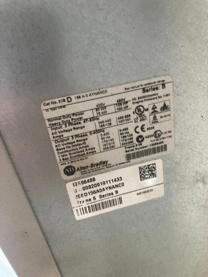 Used ELECTRICAL ENCLOSURE WITH 20BD156A0AYNANC0 Allen Bradley 125HP Powerflex 700