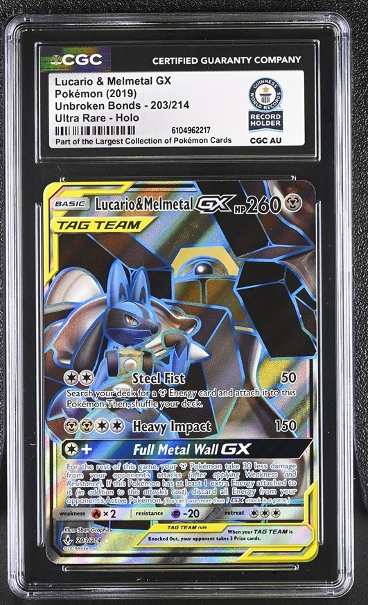 Used 2019 POKEMON #203 LUCARIO & MELMETAL GX CGC WORLD RECORD 1/1 GRAY COLLECTION