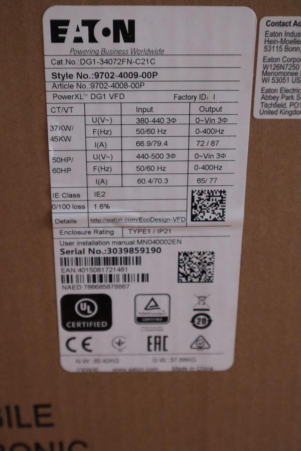 Used EATON POWERXL DG1 AC Drive 50/60HP DG1-34072FN-C21C 9702-4009-00P STOCK 4915A