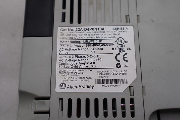 Used ALLEN BRADLEY 22A-D4P0N104 POWERFLEX 4 1.5kW/2.0HP SER A STOCK #890
