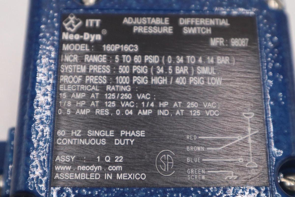 NEW ITT 160P16C3 NEO-DYN ADJUSTABLE PRESSURE SWITCH 5-60 PSID 60Hz SINGLE PHASE