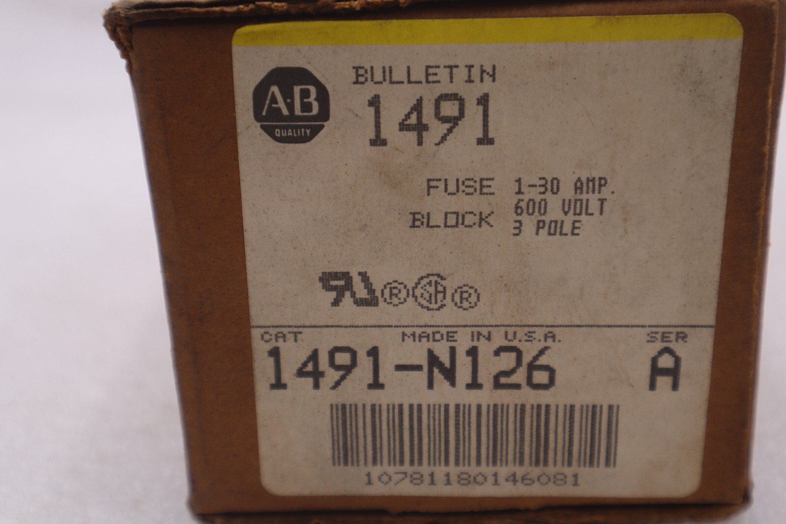 Used NOB Allen Bradley 1491-N126 SER A Fuse Block 1-30 Amp 600V 3 Pole AB STK K-3075