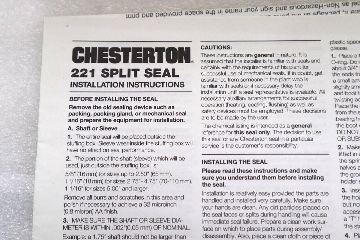Used NEW CHESTERTON 042711 221 SPARE PART KIT SPLIT STEAL SEAL/24 SHAFT/3.000 #L-460